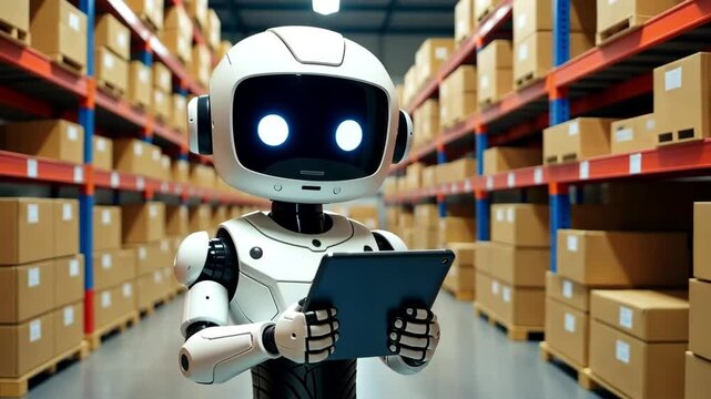 A humanoid robot uses a tablet while standing in a spacious warehouse stacked with cardboard boxes