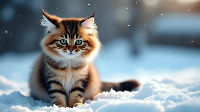 Domestic Feline with Striking Green Eyes Resting on a Bed of White Snow in a Winter Setting, Close-Up Portrait of a Cat Outdoors in Cold Weather