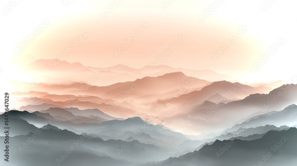 Aufkleber soft peach canvas with minimalistic mountain silhouette creating a tranquil backdrop for creativity