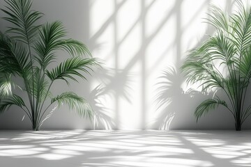 Fototapeta premium Modern minimalist interior scene with sunlit palm trees.