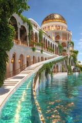 Grand White Palace with Golden Dome and Cascading Staircase to Turquoise Water