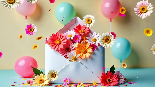 An envelope brimming with vibrant flowers and scattered confetti sits on a table decorated for a joyful event