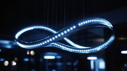 Infinity symbol pendant light, glowing blue LEDs