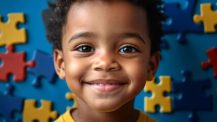 Joyful young boy smiling in front of colorful puzzle pieces background, symbolizing support and celebration of World Autism Awareness Day. - Powered by Adobe