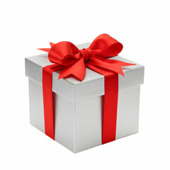 Silver Gift Box with Red Ribbon