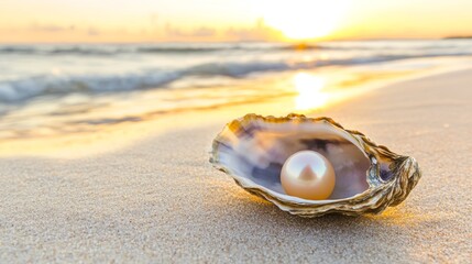 Beautiful sunset reflecting on ocean waves with a pearl inside an open oyster shell on a sandy beach
