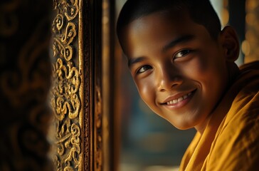 a novice monk face smiling while peeking out from a traditional temple doorway
