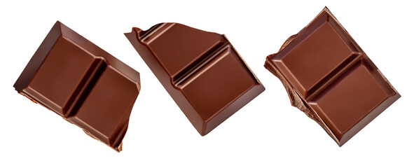 Dark chocolate bar pieces isolated on white. Chocolate Collection. Milk chocolate bar Top view. Flat lay. Package design element.