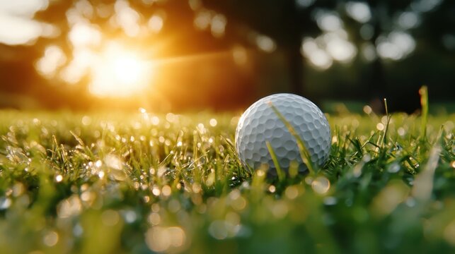 A pristine golf ball rests on a bed of fresh, dewy grass, illuminated by the soft glow of sunrise, creating a tranquil and serene atmosphere perfect for a day on the course.