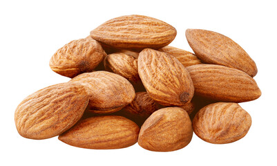 Almond nut seeds  isolated on white background. Whole brown peeled almond nuts  pile. Almonds  Package design element.