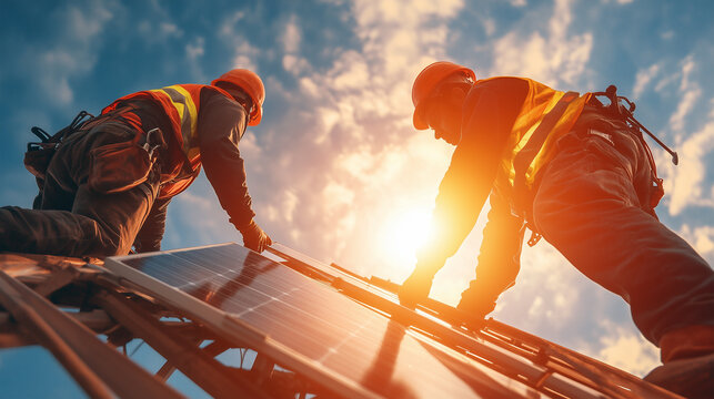 Construction workers install solar panels on a rooftop during sunset, highlighting renewable energy efforts in an urban environment