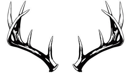 A black and white hand-drawn illustration of symmetrical deer antlers. The rustic and detailed design symbolizes nature, wilderness, and hunting, ideal for logos, decor, and outdoor-themed art.