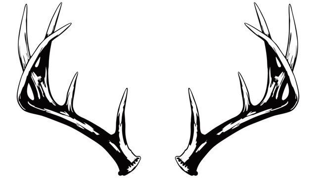 A black and white hand-drawn illustration of symmetrical deer antlers. The rustic and detailed design symbolizes nature, wilderness, and hunting, ideal for logos, decor, and outdoor-themed art.