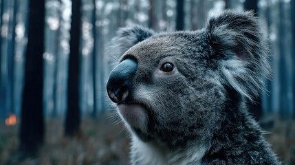 Endangered species in crisis from development and fire concept. A close-up of a koala in a tranquil forest setting.