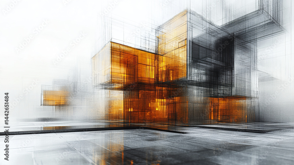 Poster abstract architecture concept blending sketches and digital art, showcasing modern design