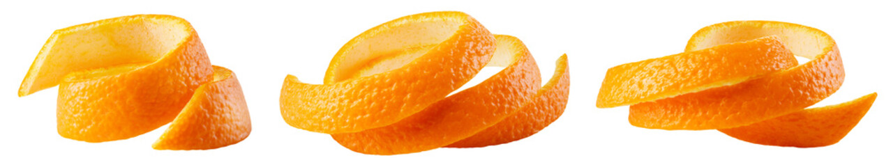 Orange isolated png. Orange zest on transparent background. Orang fruit twisted peel no background. Spiral citrus orange fruit skin. Transparent png