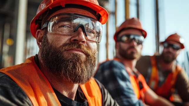 A determined construction worker in gear poses confidently, showcasing strength and professionalism while emphasizing safety and teamwork in a dynamic construction environment.