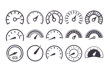 Speedometer Vector Icon Set. Automotive Dashboard Elements Including Speed, Fuel, RPM, and Tachometer Gauges for Speed Measurement and Car Instrument Panels