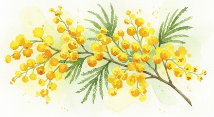 Yellow mimosa flowers in soft watercolor illustration