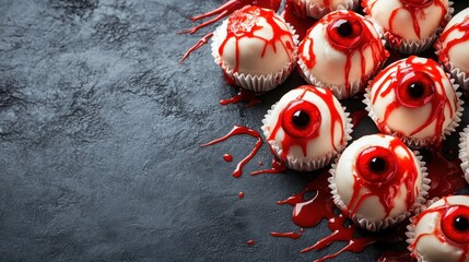 A collection of eerie eyeball-themed cupcakes decorated with vibrant red sauce, making them perfect for Halloween parties or themed bakery events to scare and delight.