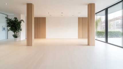 Fototapeta premium Spacious, modern, minimalist interior, featuring light-colored wood accents and large windows