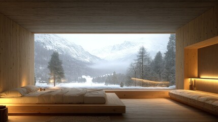 Cozy winter cabin bedroom with mountain view