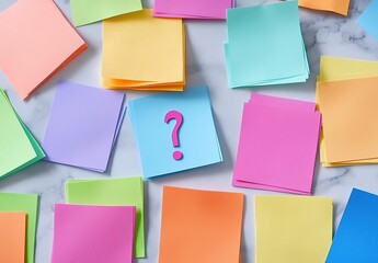 Colorful sticky notes scattered on a white marble background with a  note featuring a question mark.