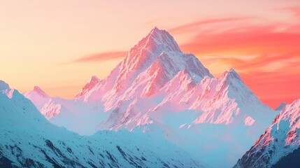 Sunset over towering mountain peaks with orange and pink skies on white background.