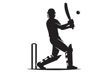 Silhouettes of cricket player batsman logo vector silhouette, playing cricket logo icon design vector, cricket player logo playing short, silhouette of cricket player on isolated white background.
