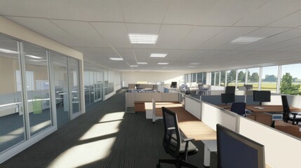 Bright and Spacious Modern Office Interior with Cubicles and Natural Light