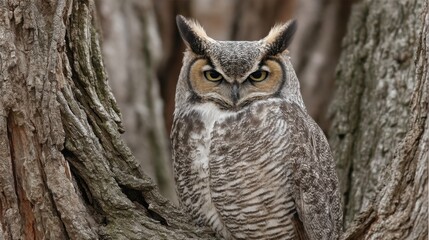 Great Horned Owl Perched in a Tree Hollow