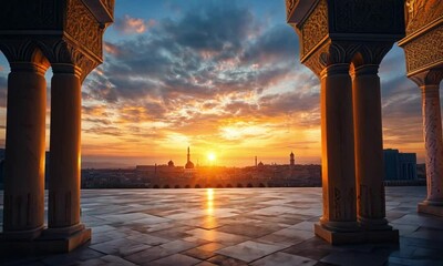 Majestic Sunset View from an Ornate Archway - Powered by Adobe