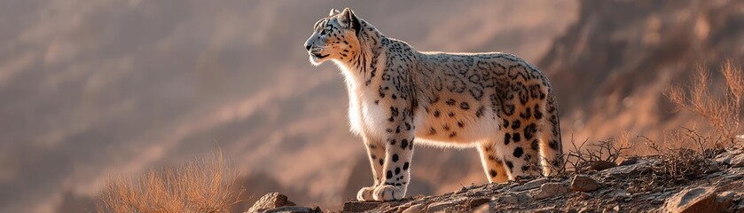 Obraz premium Endangered species affected by fire and climate change concept. A majestic snow leopard gazing over a rocky landscape.