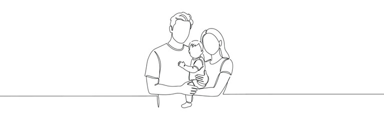 Happy family continuous one line drawing. Parents with their kid in simple linear style.