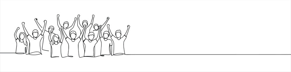 Cheerful crowd cheering continuous one line drawing. Hands up. Group of applause people.