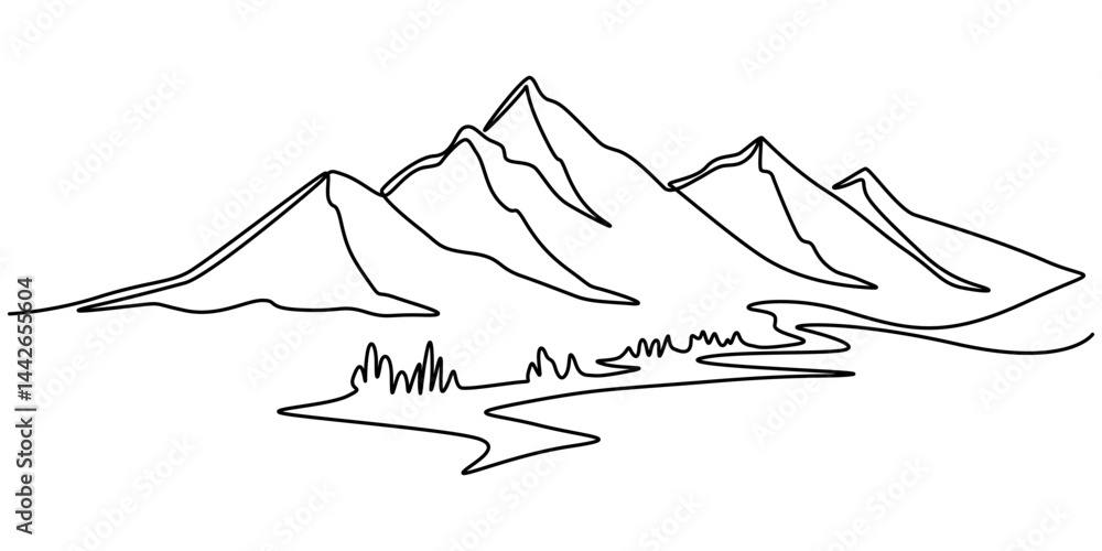 Poster minimalist mountain continuous one line drawing vector illustration, continuous one line drawing of 