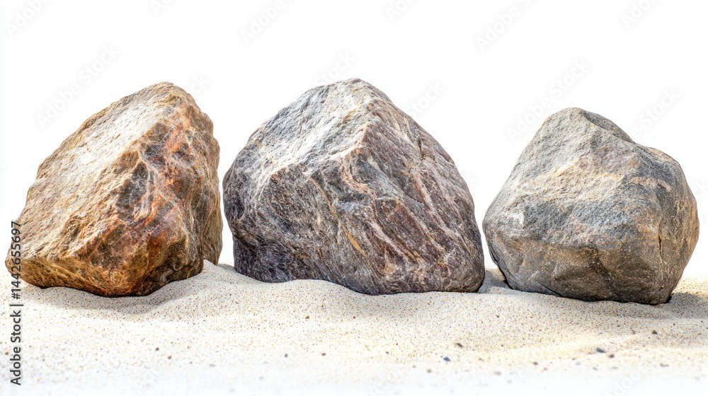 Aufkleber three large boulders arranged in a triangular formation on a smooth sandy surface on a white backgro