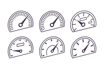 Speedometer Vector Icon Set. Automotive Dashboard Elements Including Speed, Fuel, RPM, and Tachometer Gauges for Speed Measurement and Car Instrument Panels