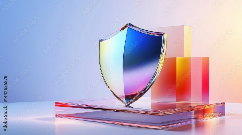 Poster glossy 3d data shield floating on clean background, secure online access concept
