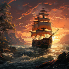 Fototapeta premium Pirate Galleon at Sunset Near Rocky Shores.