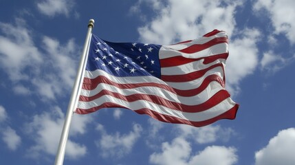 Obraz premium American flag waving proudly in a clear sky. A symbol of national pride and freedom, with red, white, and blue stripes, and white stars on a blue field, against a backdrop of fluffy white clouds.