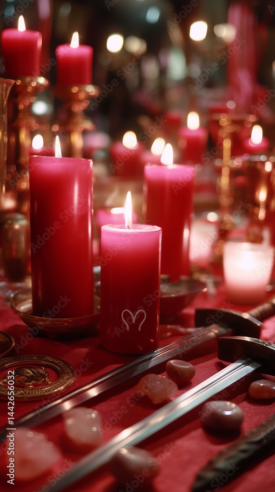 Poster setting up a ritual with red candles and sacred objects on an altar during the evening hours