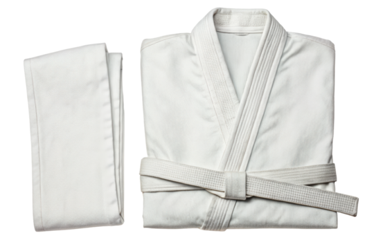 Folded martial arts uniform with a matching belt isolated with transparent background