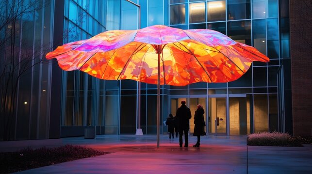 Large, vibrant, illuminated umbrella sculpture in a modern urban plaza at twilight - Powered by Adobe