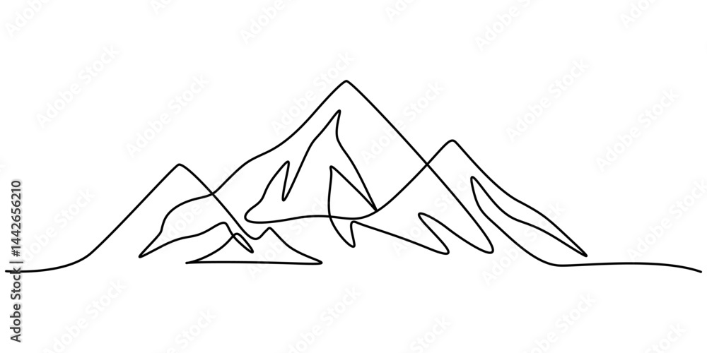 Poster minimalist mountain continuous one line drawing vector illustration, continuous one line drawing of 