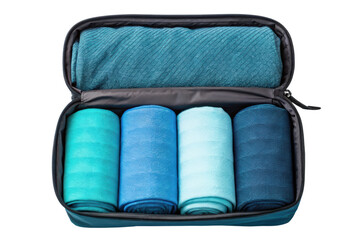 Packing cube with neatly rolled clothes for organized travel isolated with transparent background