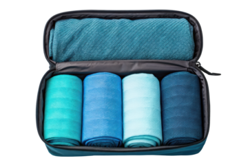 Packing cube with neatly rolled clothes for organized travel isolated with transparent background
