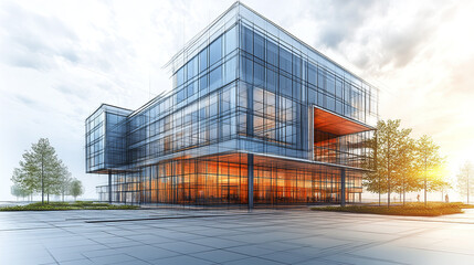 Fototapeta premium Modern architectural design featuring glass office building with sleek exterior and vibrant