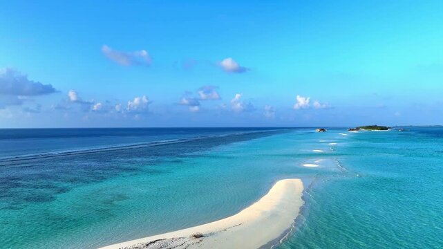 Aerial view with Tropical sandbar in maldives paradise and blue sea. Maldivian sandbank in Indian ocean