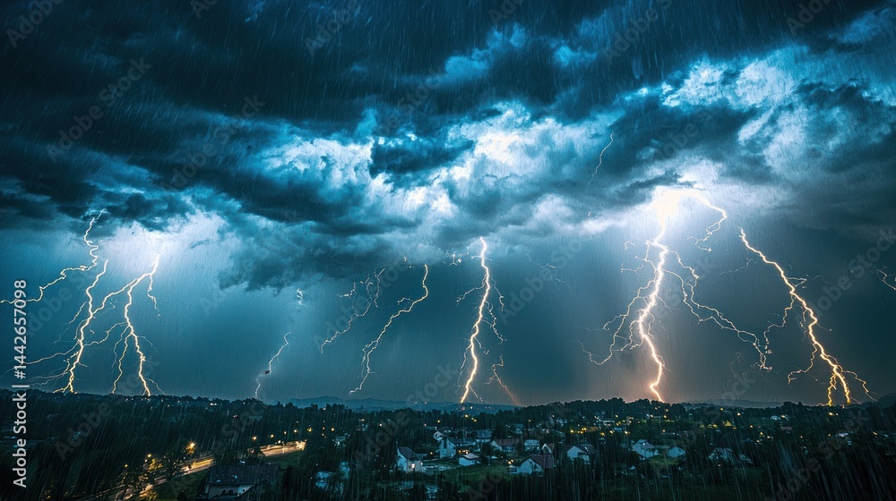 Aufkleber thunderclouds with multiple lightning strikes and rain showers on white background.